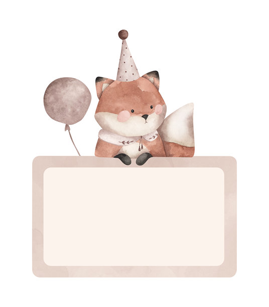 棕色气球。手绘水彩插画，带有棕色和米色明信片模板，上面有一只半露的滑稽狐狸，戴着复古帽子，系着米色马戏团风格的领子，并留有文字空间。适用于宝宝派对、婴儿洗礼、生日和婴儿房设计。图片下载