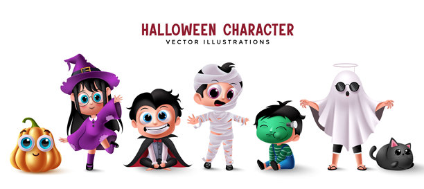 可爱的万圣节角色套装，女巫、吸血鬼、木乃伊、鬼魂、南瓜、猫、儿童矢量插画图片下载