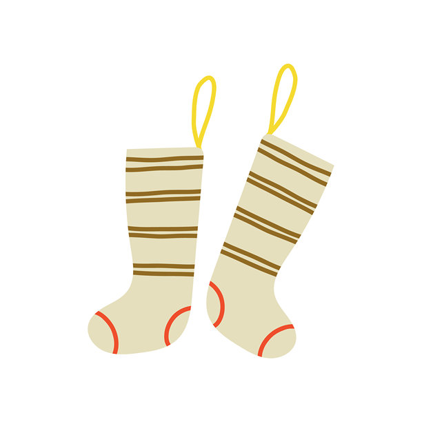 圣诞树旁悬挂着一双手绘的节日袜子，色彩丰富，充满奇思妙想的节日插画。图片下载