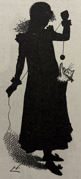 复古插画 - 穿着口袋里和猫玩耍的女人剪影图片下载