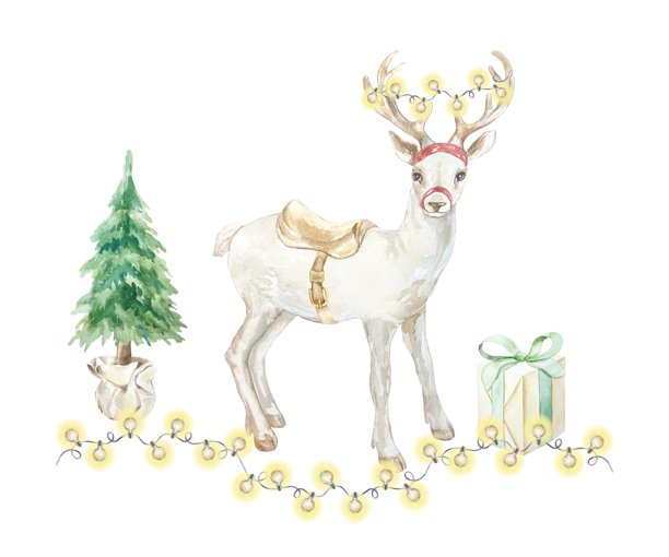 圣诞鹿，装饰有黄色闪烁灯串、一棵松树和一个礼品盒的水彩插画，孤立。手绘柔和色调的新年剪贴画，用于制作精美的贺卡。图片下载
