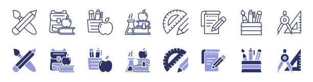 文具图标线条集，包含铅笔、蜡笔、画笔、笔筒、便签、圆规、书本、背包、尺子等办公用品的矢量插画。图片下载