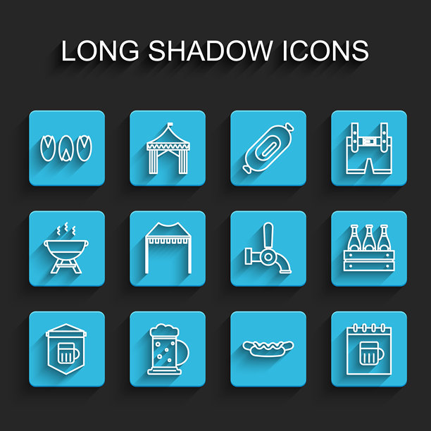 一套包含啤酒杯、木质马克杯、开心果、热狗三明治、圣帕特里克节日历、露营帐篷、瓶装啤酒和啤酒龙头图标的线条标志。矢量图图片下载