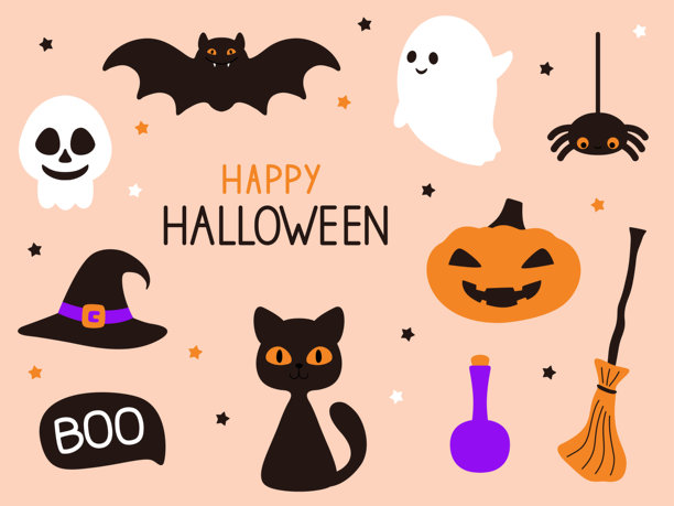 万圣节设计元素集。包含卡通矢量插画，孤立在白色背景上。有可爱的猫、南瓜、鬼魂、蝙蝠、骷髅、扫帚、魔法帽、蜘蛛。文字包含“万圣节快乐”和“嘘”。图片下载