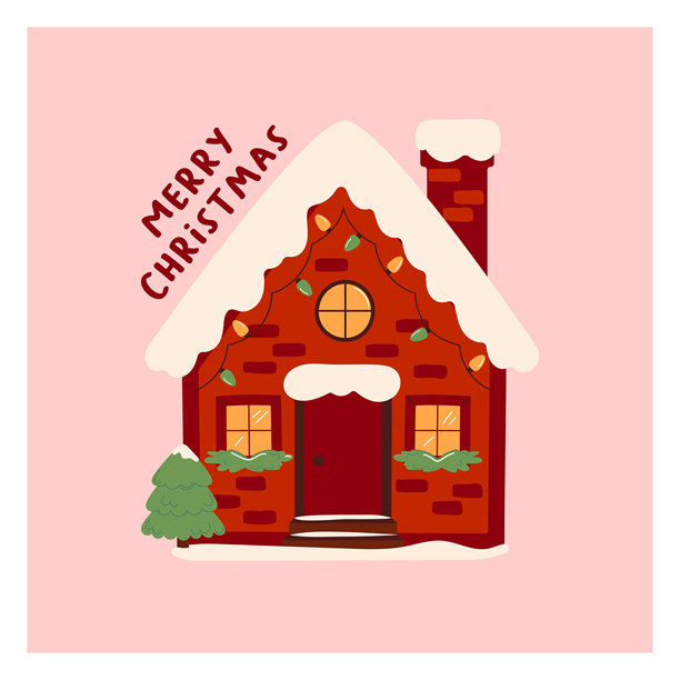 可爱的圣诞装饰手绘房屋。带有红色冬季房屋和圣诞树的圣诞贺卡。简约儿童风格的矢量插画。图片下载