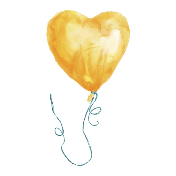 一个金色的氦气箔心形气球。手绘水彩插画，背景为白色。派对装饰。非常适合婚礼纪念日、生日、儿童卡片和贴纸。图片下载