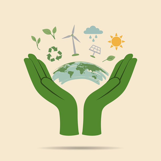 环保插画，绿色双手托着地球，上面有回收标志、风力涡轮机、太阳能电池板和树叶，象征着可持续发展、可再生能源和环境保护，矢量图图片下载