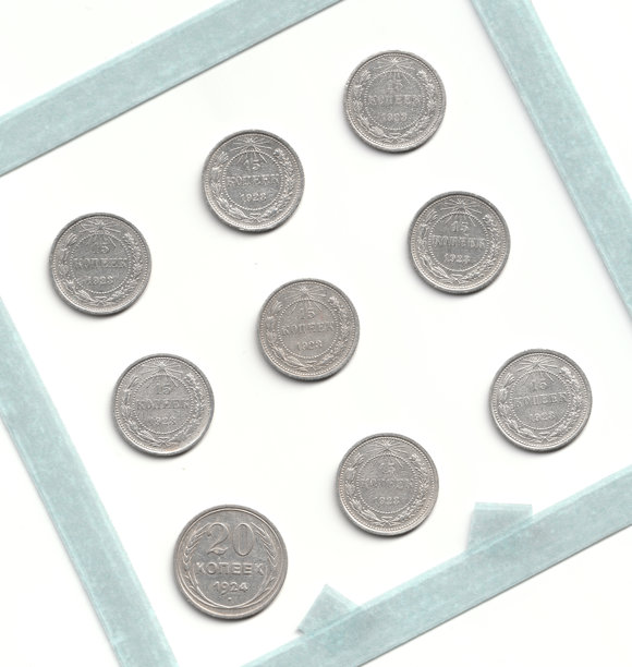 一张包含不同面额和年份的复古硬币网格排列，展示在浅色背景上，并带有边框。图片下载