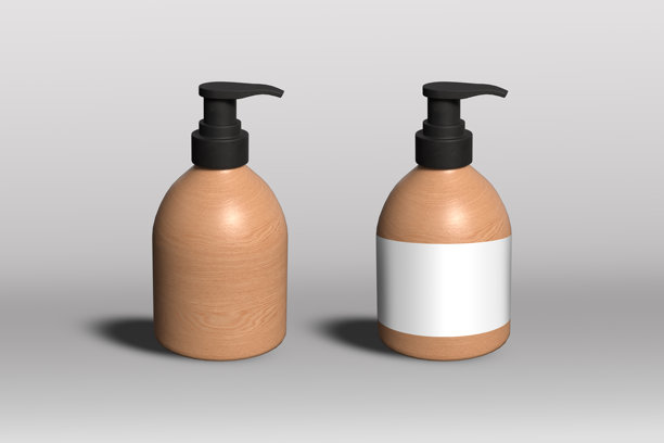 棕色玻璃瓶化妆品包装模型，配有棉毛巾和木质按摩器。正面视图，留有复制空间。化妆品产品模型。博主极简美妆概念，品牌包装模型图片下载