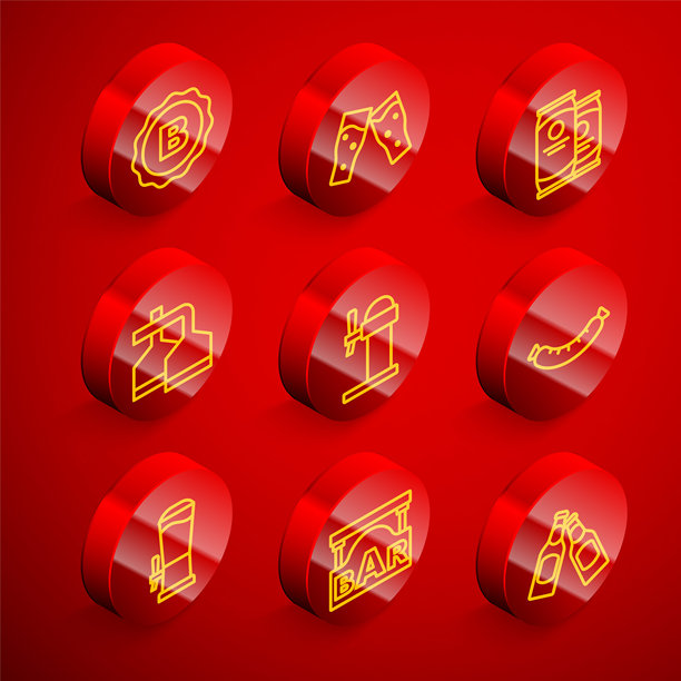 啤酒瓶盖、啤酒杯、啤酒罐、酿造过程、啤酒龙头、香肠、啤酒阀门和街头招牌酒吧图标的线条套装。矢量图图片下载