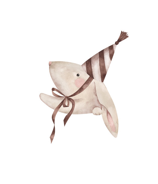 棕色气球。手绘水彩插画，画有一只滑稽兔子（半露面），戴着复古帽子和领结，系着彩带（像马戏团里一样）。适用于宝宝派对、婴儿洗礼、生日和托儿所设计。图片下载