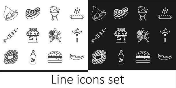 辣椒、叉子上的香肠、烧烤架、购物建筑、烤羊肉串、交叉的锅铲和牛排的图标。矢量图图片下载