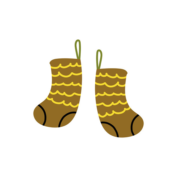 圣诞树旁悬挂的手绘节日袜子，色彩缤纷的奇幻假日插画。图片下载