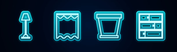 落地灯、窗帘、花盆和架子的线条图标。发光的霓虹图标。矢量图。图片下载