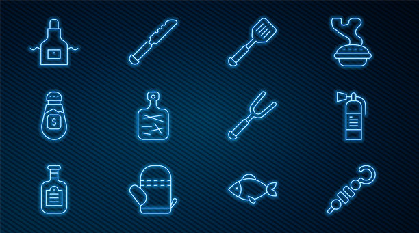 烤串、灭火器、锅铲、砧板、盐、围裙、烧烤叉和面包刀图标。矢量图图片下载