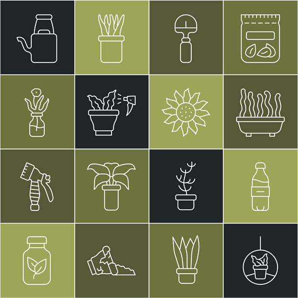 挂盆植物，水瓶，铲子，喷洒植物，花卉玻璃瓶，喷壶和图标的线条集。矢量图。图片下载