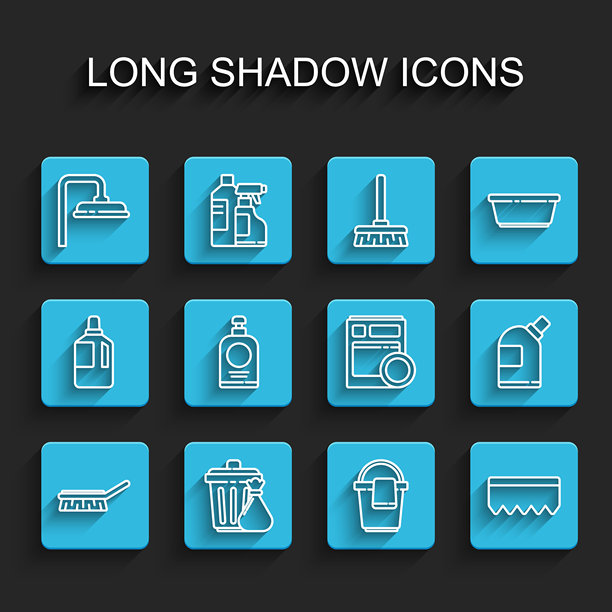 清洁用刷子、垃圾桶和垃圾袋、淋浴喷头、带抹布的水桶、海绵气泡、洗手液瓶、清洁剂瓶和厨房洗碗机图标的线条集合。矢量图图片下载