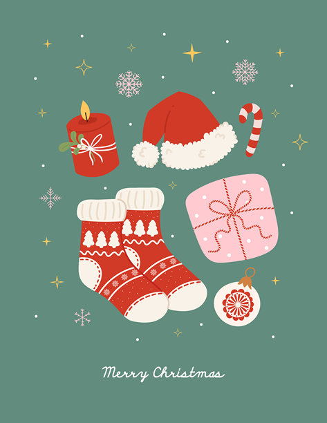 圣诞快乐复古贺卡，包含圣诞帽、袜子、礼盒和拐杖糖。时下流行的涂鸦手绘矢量插画。复古圣诞海报、封面、节日背景。图片下载