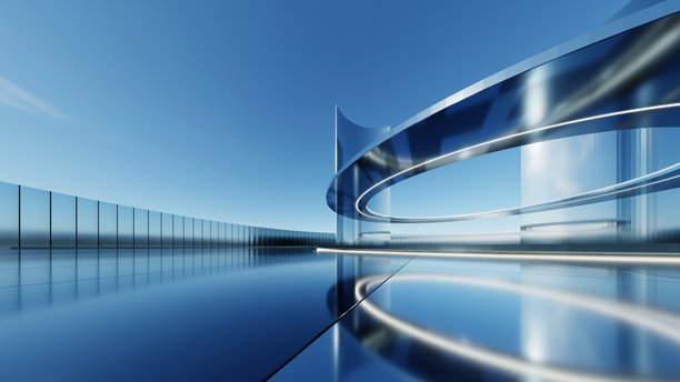3d抽象钛金属建筑背景插画，极简曲线几何建筑，汽车展示背景搭配空旷反光的混凝土地板，霓虹几何金属建筑设计图片下载