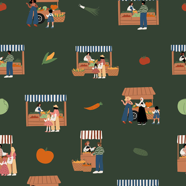农贸市场多文化人群的无缝图案，包括成人、儿童、摊位、蔬菜、穆斯林女性、黑人家庭、本地农产品，背景为绿色。扁平化矢量插画。图片下载