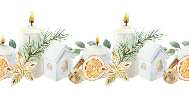 圣诞节无缝边框，包含蜡烛、陶瓷小屋、松枝、桉树、金色铃铛、干橙片、柳条星星水彩孤立插画。手绘柔和色调新年剪贴画。图片下载