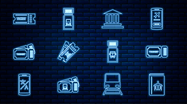 旅行指南封面插画，包含机票、博物馆建筑、门票、公交和火车图标。矢量图图片下载