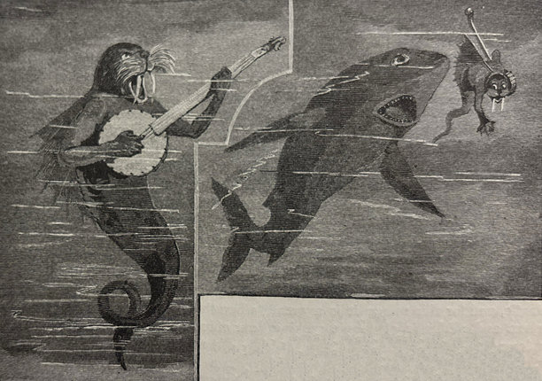 古董插画 - 水下生物弹奏班卓琴，随后被一条大鲨鱼追赶图片下载