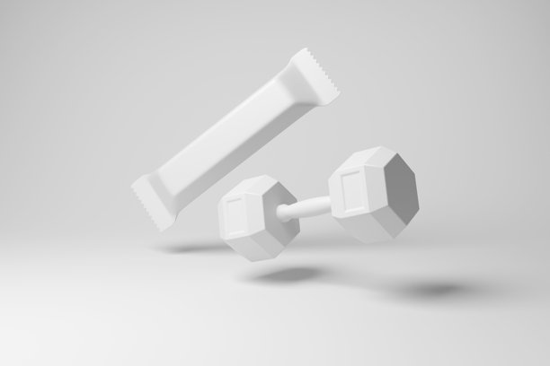 白色背景下，一个白色六角哑铃和一根蛋白质棒悬浮在空中。插画，象征着锻炼与营养的关系。图片下载
