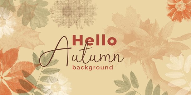 潮流半调子拼贴画。你好，秋天。背景有秋叶和鲜花。矢量插画，带有颗粒复印效果，适用于传单、横幅和社交媒体。图片下载