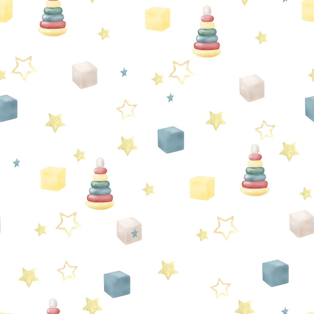 黄色的星星和儿童金字塔。水彩插画。用于纺织品、卡片和请柬的无缝图案，孤立在白色背景上。适合儿童派对、生日，图片下载