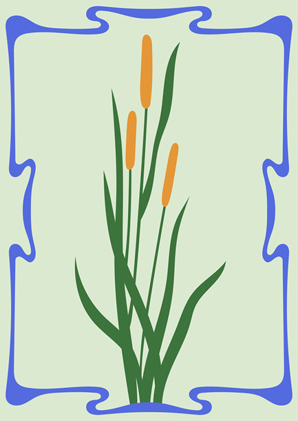 装饰艺术风格插画矢量海报。带有蒲草植物的复古印刷设计，置于异想天开的画框中。图片下载