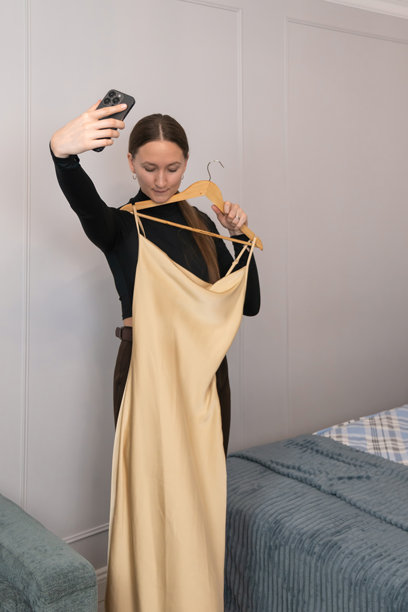 时尚博主在卧室里，手持米色吊带裙和木质衣架，用智能手机拍照，为她的时尚博客或社交媒体创作内容。竖图。图片下载