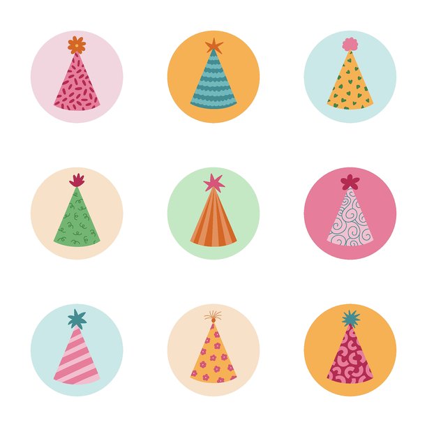 可爱的圆形象故事封面与生日派对帽剪贴画合集。适用于社交媒体、博客、品牌的亮点设计。包含生日帽图标包，用于嘉年华、欢乐活动、节日庆典。图片下载