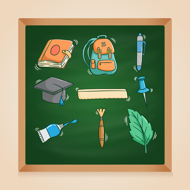 绿色黑板背景下的学校元素集合插画图片下载