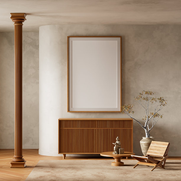 极简斯堪的纳维亚风格客厅，采用中性色调。3D插画图片下载