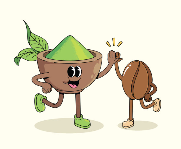 抹茶和咖啡豆击掌的复古卡通插画图片下载