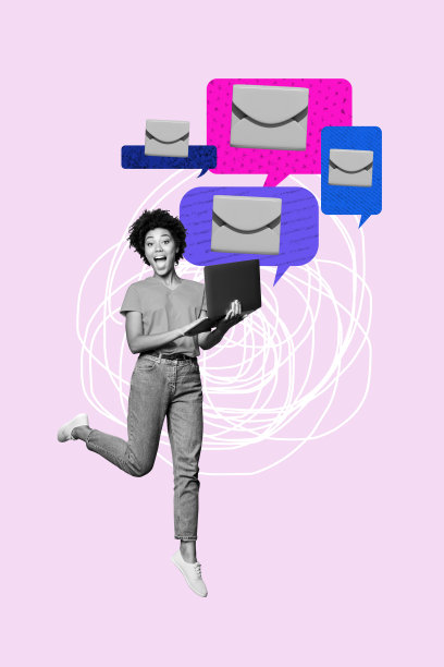 手绘潮流海报横幅 3D拼贴照片：快乐的女孩拿着笔记本电脑，打字，附带消息气泡、通知、语音气泡和对话图片下载