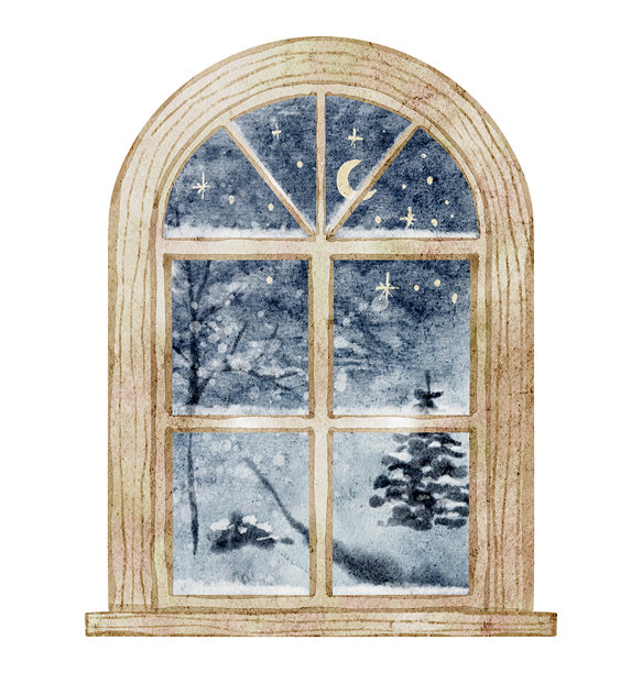 水彩插画，描绘了一扇木制窗户，窗外是宁静的雪夜，有月亮和星星。一幅冬季风景画，适合温馨的圣诞构图、圣诞贺卡或新年设计。图片下载