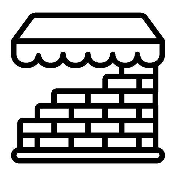 砖墙店面线条图标，金融与房地产概念。矢量图。砖墙展示外观，白色背景上的市场标志，适用于移动端或网页设计的图标风格。图片下载