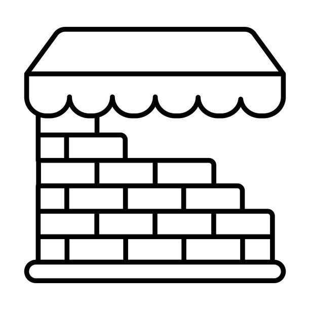 砖墙店面细线图标，金融与房地产概念。矢量图形。砖墙展示外观，白色背景上的市场标志，适用于移动或网页设计的风格图标。图片下载