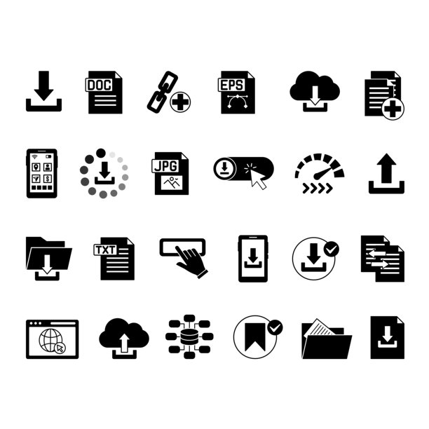 黑色下载图标集。矢量插画：下载文件、文档、链接、按钮、云端上传、复制、应用、保存、速度、文件夹、数据等图片下载