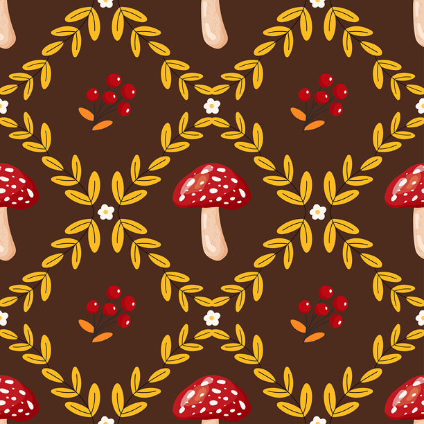 矢量无缝图案，包含红色毒蝇伞蘑菇和秋叶。这是季节性的林地设计，非常适合用于秋季插画、纺织品、包装纸和温馨的装饰项目。图片下载
