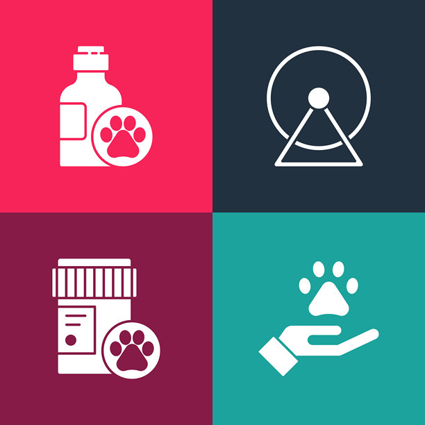 矢量插画：一套波普艺术风格的手，上面有动物脚印、狗药瓶、仓鼠轮和宠物洗发水图标。图片下载