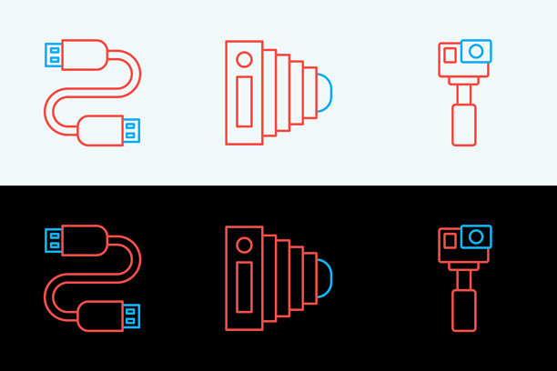 运动相机、USB数据线和照片图标的线条集。矢量图图片下载