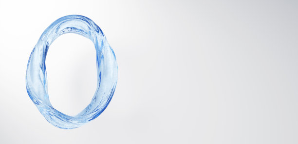 3D插画。白色背景上圆形的浅蓝色液体。数字0。扭曲的水。复制空间。(横向)图片下载