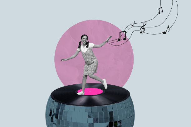 图片流行 3d 杂志全拼贴快乐女孩男孩跳舞黑胶唱片庆祝迪斯科球庆祝冷静氛围场合放松图片下载