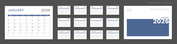 2026年月度日历计划表模板套装，封面包含照片和公司Logo位置。用于墙面或桌面收纳的网格矢量布局，周一开始为周一，可供打印。页面尺寸A4-21x29.7cm图片下载