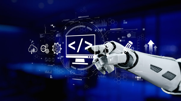 未来科技感十足的机械手与显示着编程符号和科技图形的电脑屏幕互动，背景为现代数字环境，包含突触元素。图片下载