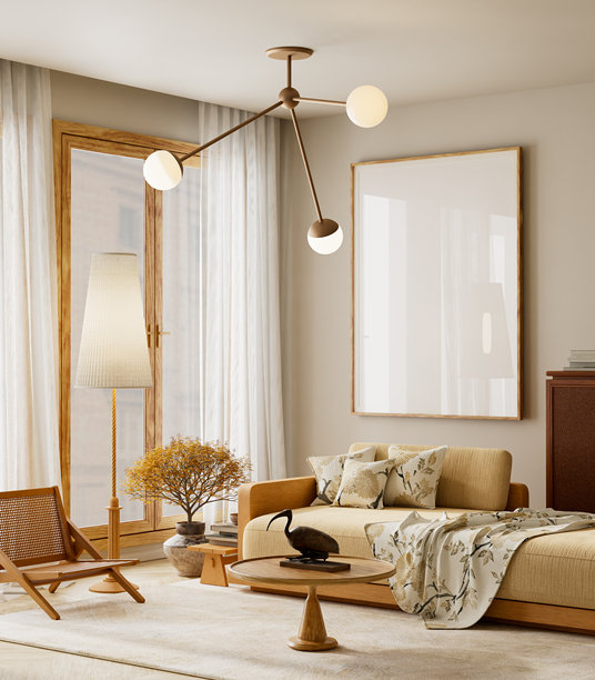 日式与北欧风格融合的客厅室内，配有木制家具、米色沙发和柔和的自然光。现代客厅内的海报样机。3D插画。图片下载