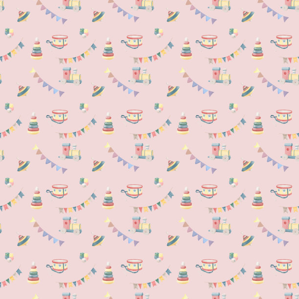 儿童玩具和带旗帜的花环，无缝图案。水彩插画。玩具鼓、火车和金字塔，孤立在白色背景上。用于纺织品、壁纸、儿童装饰的印刷。图片下载